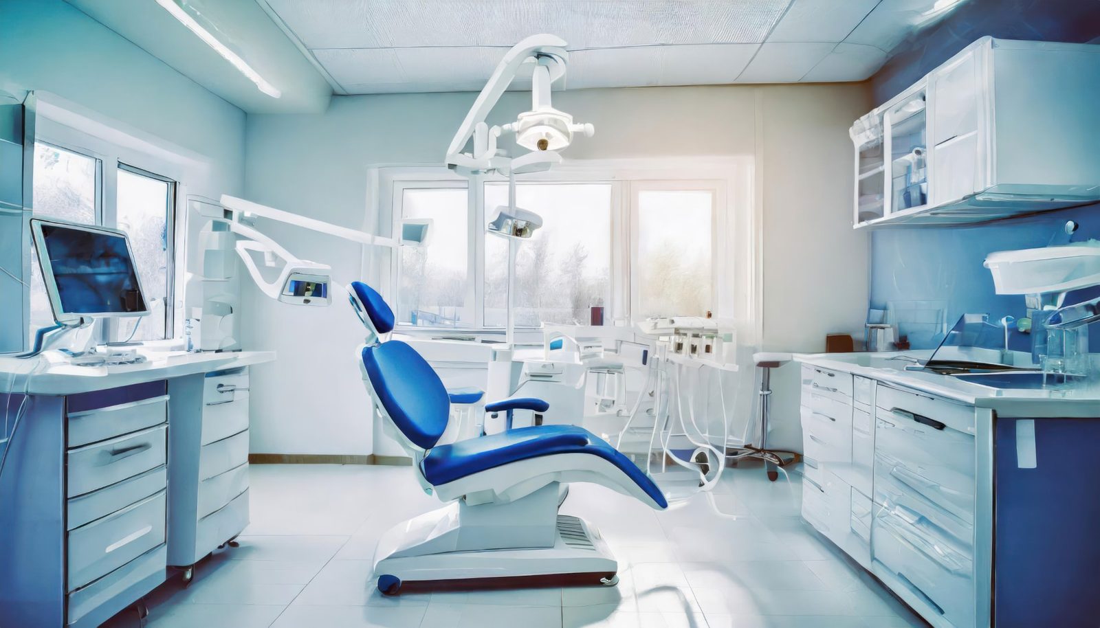 Modern dental operatory with a blue patient chair and clinical equipment